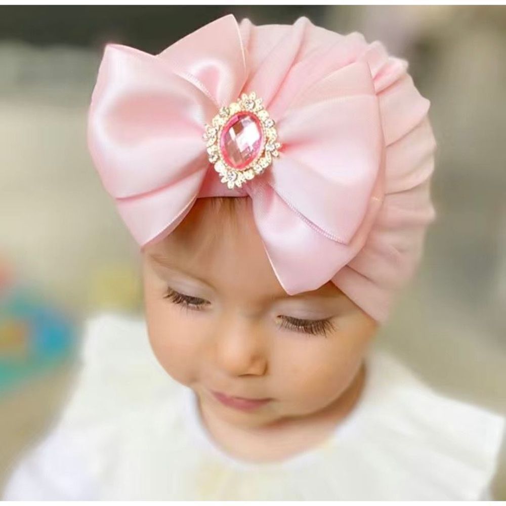 New Infant Pullover Bow and Gem Medallion Turban Hat Pink